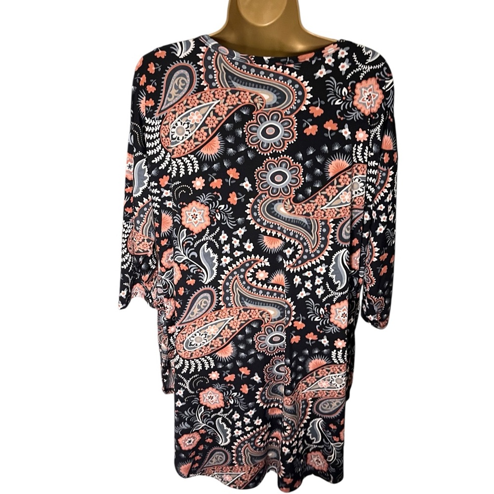Paisley Grace Flowy Tunic Top 3/4 Sleeve Paisley Print Black XL - Picture 2 of 4